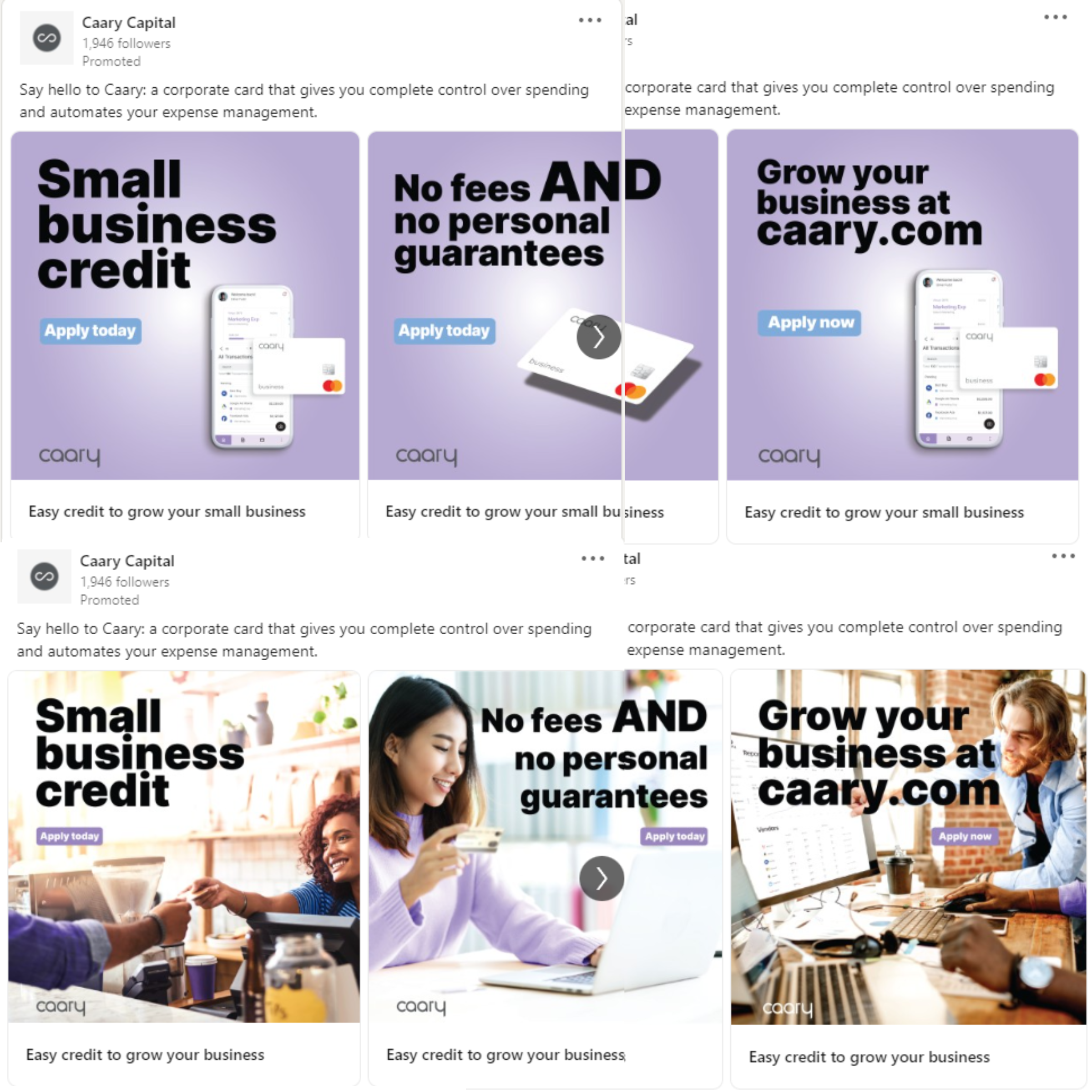 Facebook, Twitter and LinkedIn carousel ads, including A/B testing