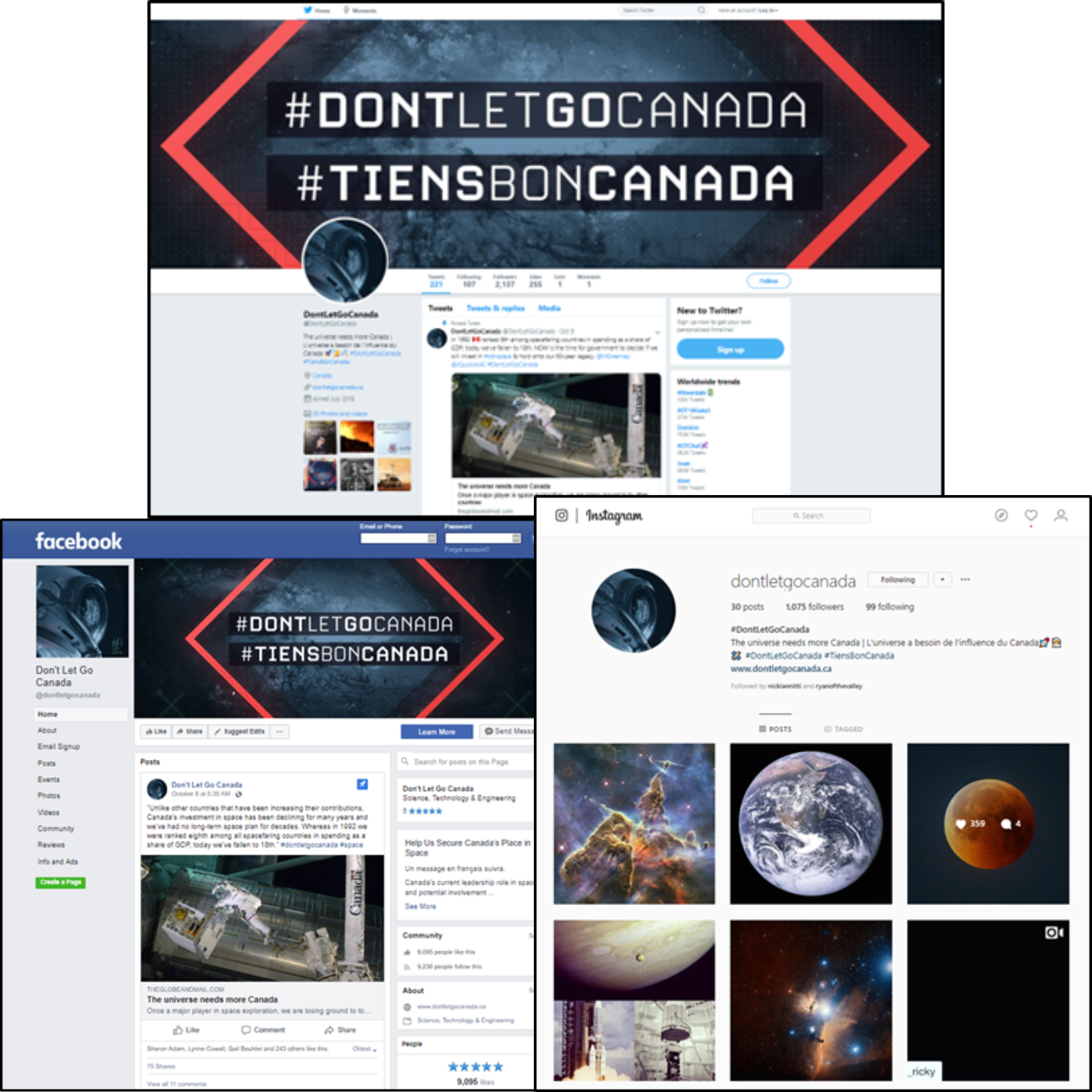 Facebook, Twitter and Instagram campaign accounts