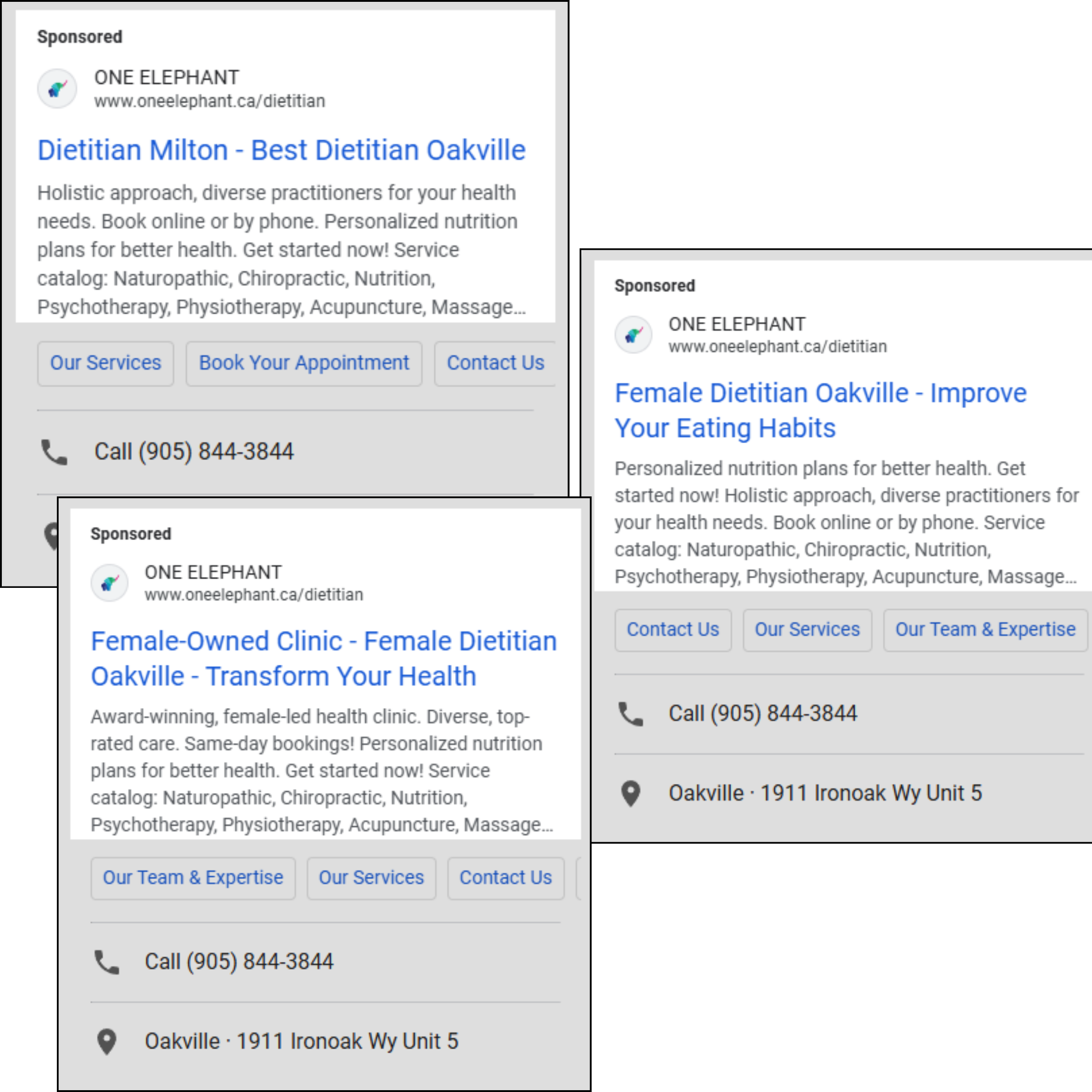 Examples of Google search ads for the clinic's dietitian services