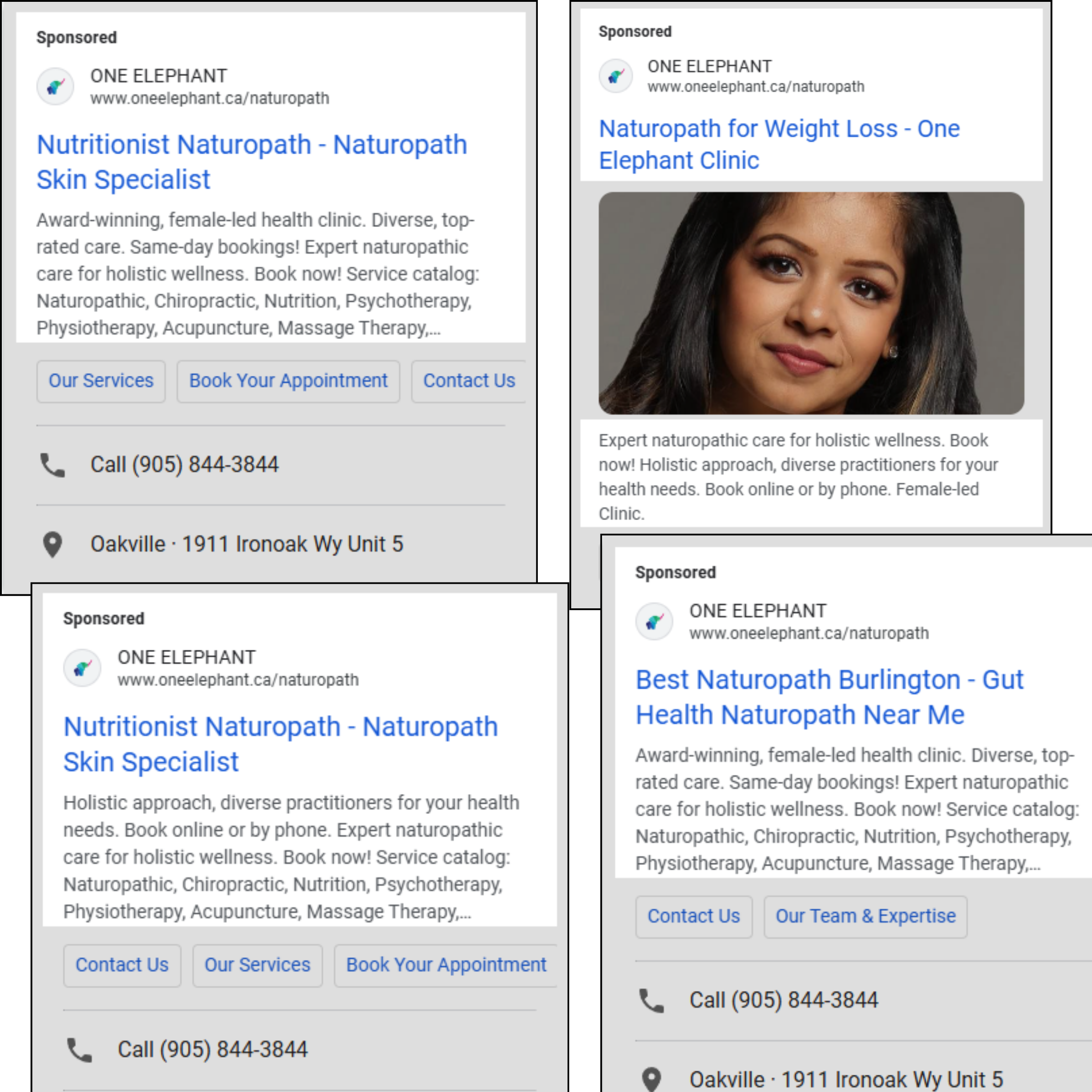 Examples of Google search ads for the clinic's naturopath services