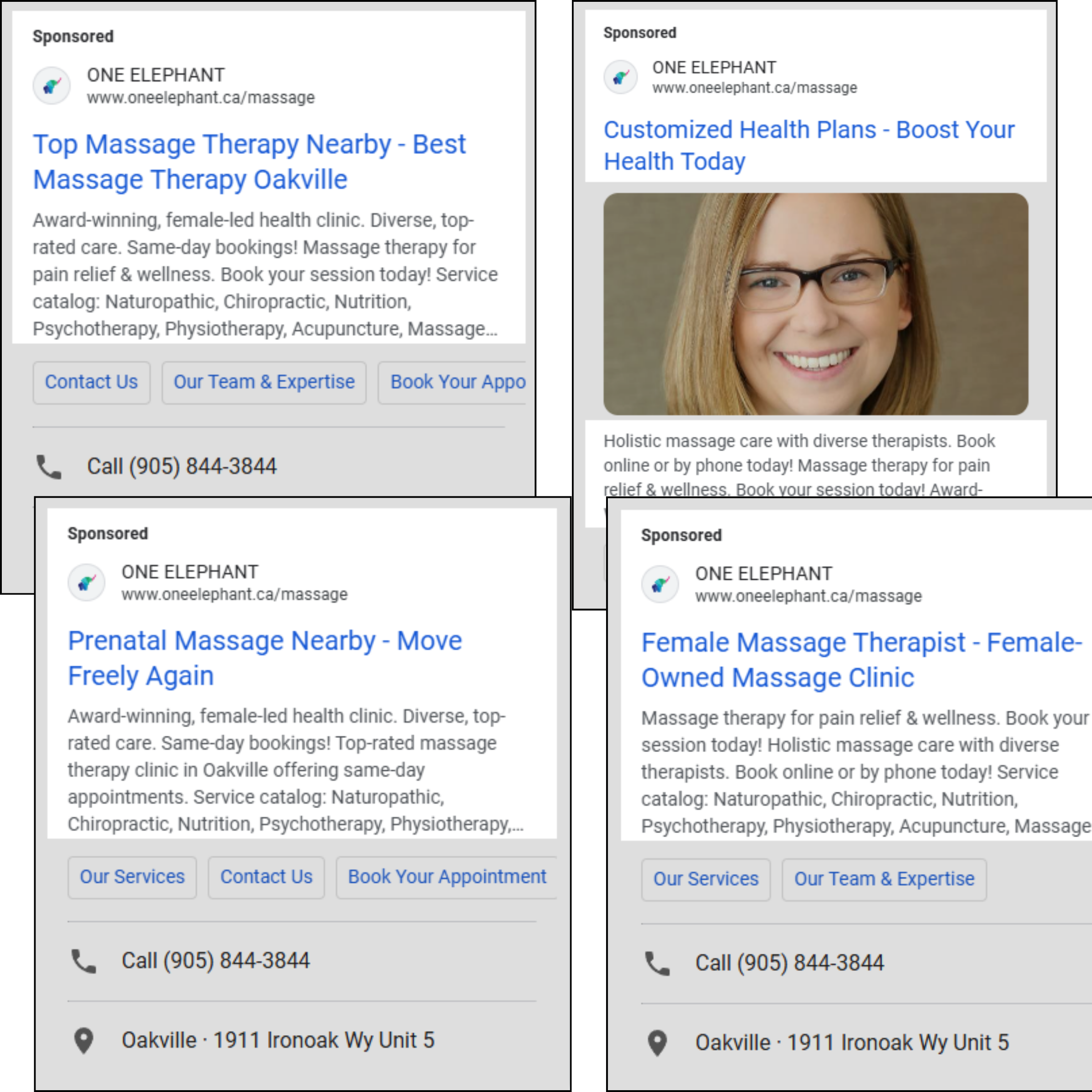 Examples of Google search ads for the clinic's massage services